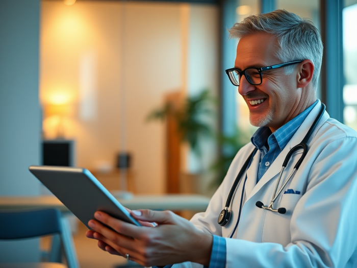 Doctor reading tablet and smiling
