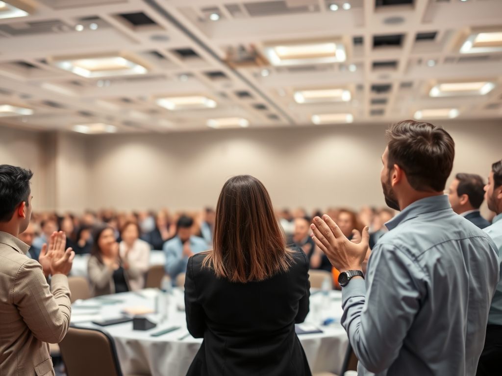 A whole room standing up and clapping.