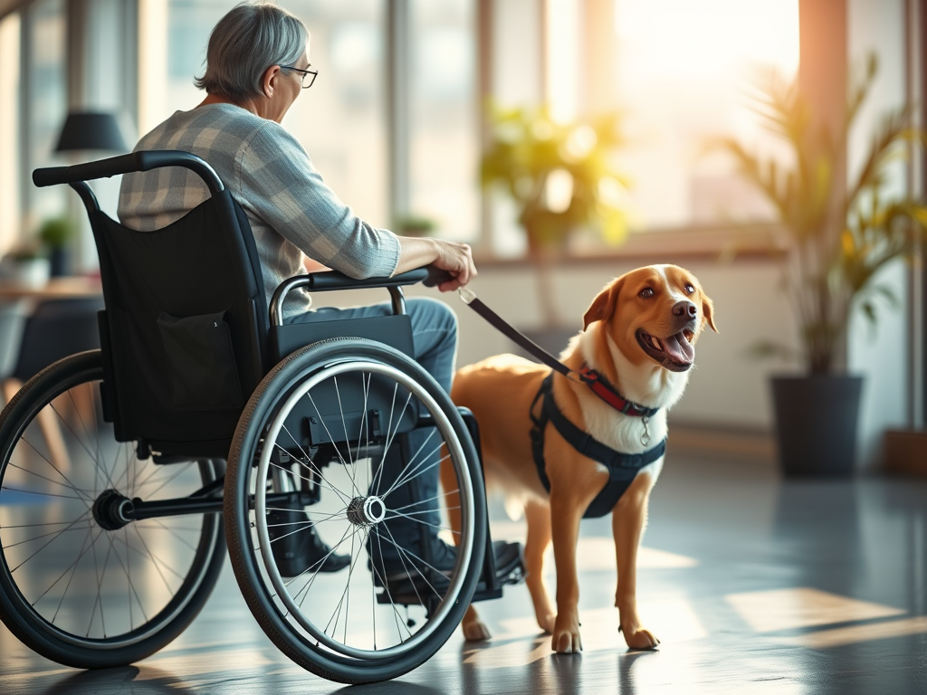 A person in wheelchair with a service dog. Accessibility for all.