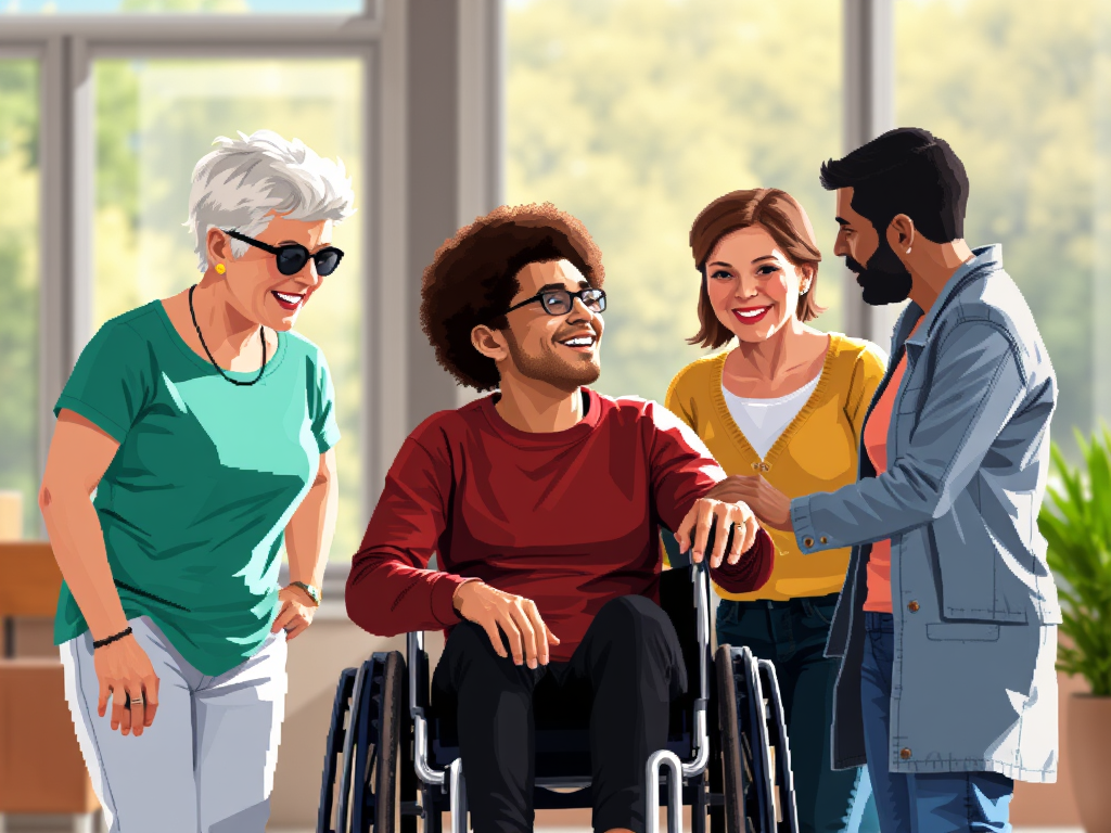 1 in 4 people are disabled according to CDC. Picture shows 3 people standing and 1 person in wheel chair.