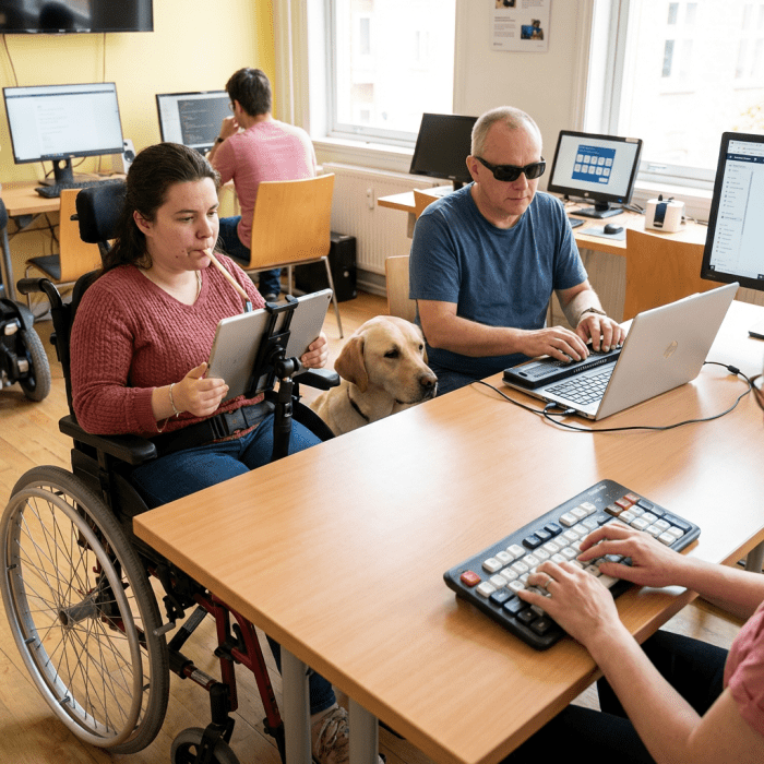 Diverse individuals using a braille display, mouth stylus, and large-key keyboard in an office.