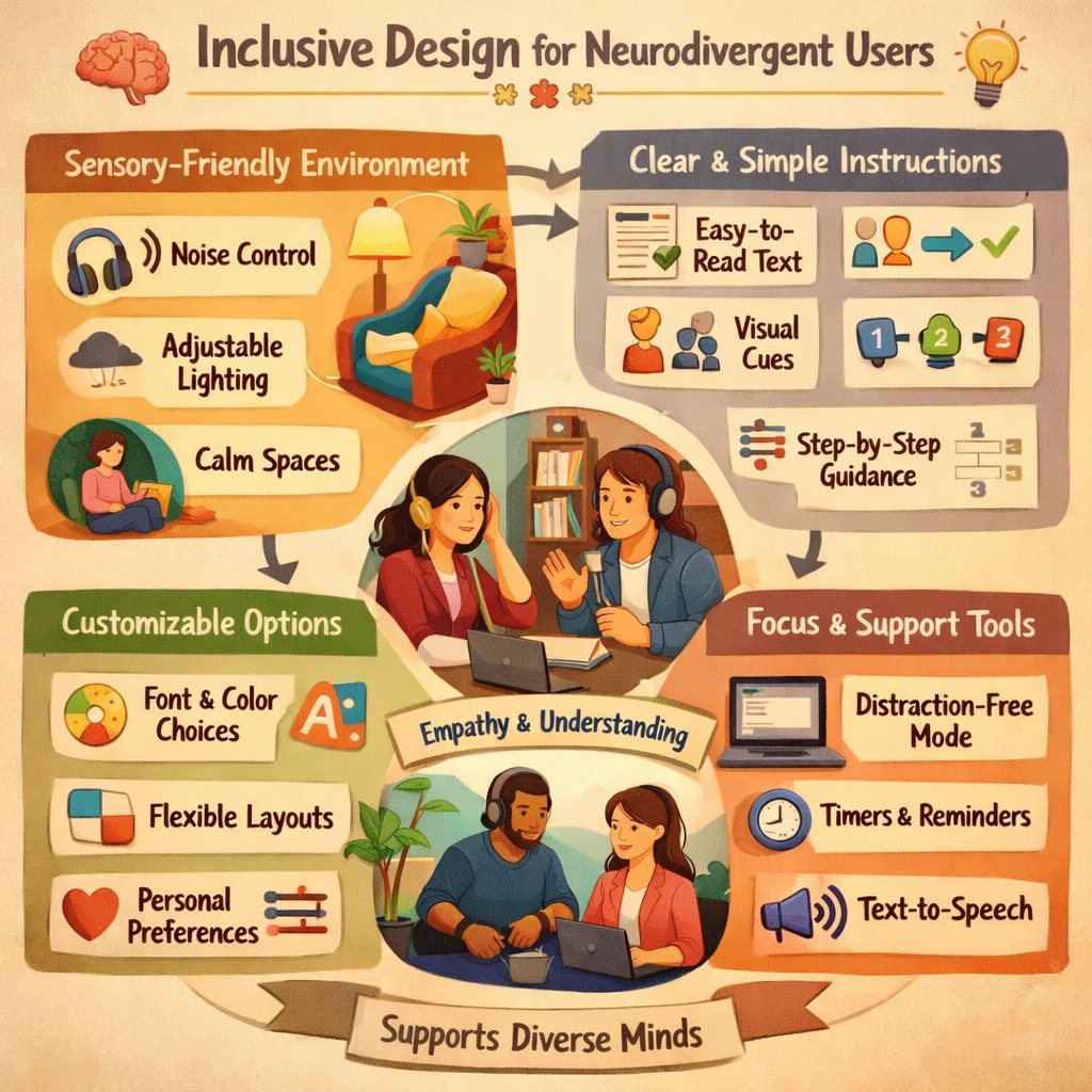 Diagram showing inclusive design elements for neurodivergent users including sensory-friendly environment, clear instructions, customizable options, and focus tools.
