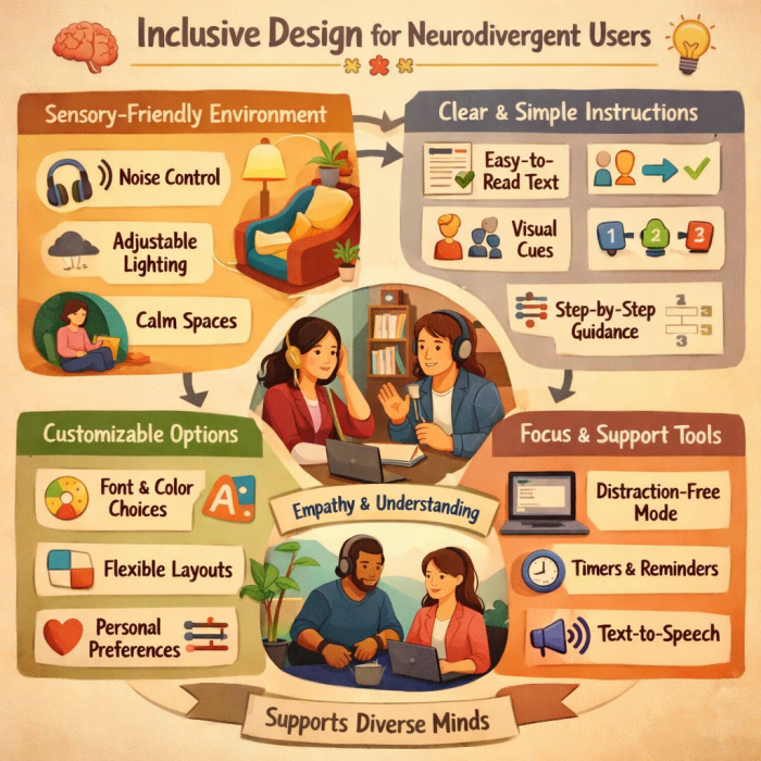 Diagram showing inclusive design elements for neurodivergent users including sensory-friendly environment, clear instructions, customizable options, and focus tools.