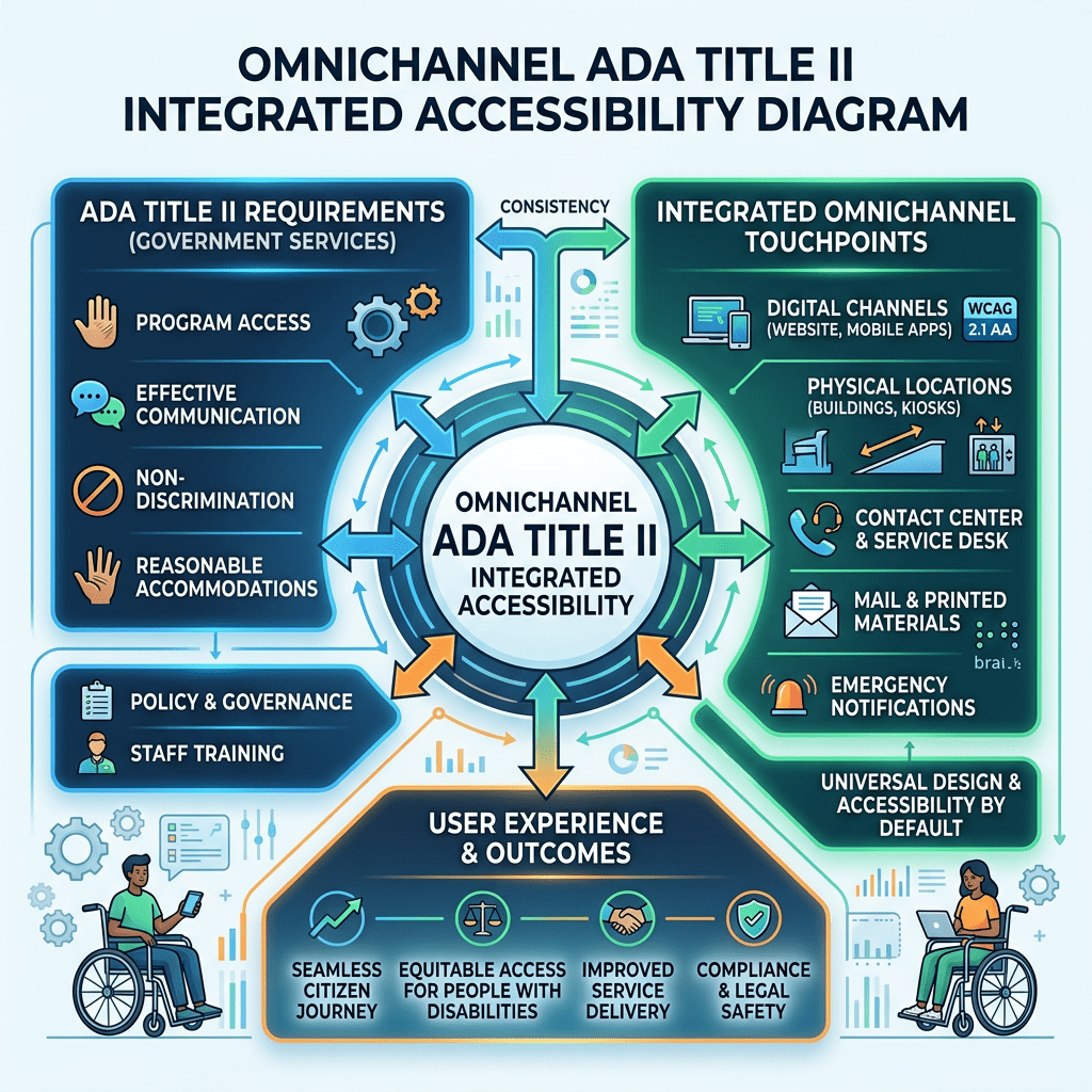 Omnichannel ADA Title II integrated accessibility diagram showing government requirements, touchpoints, and user outcomes