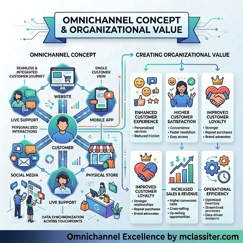 Diagram showing omnichannel concept with customer touchpoints and resulting organizational values