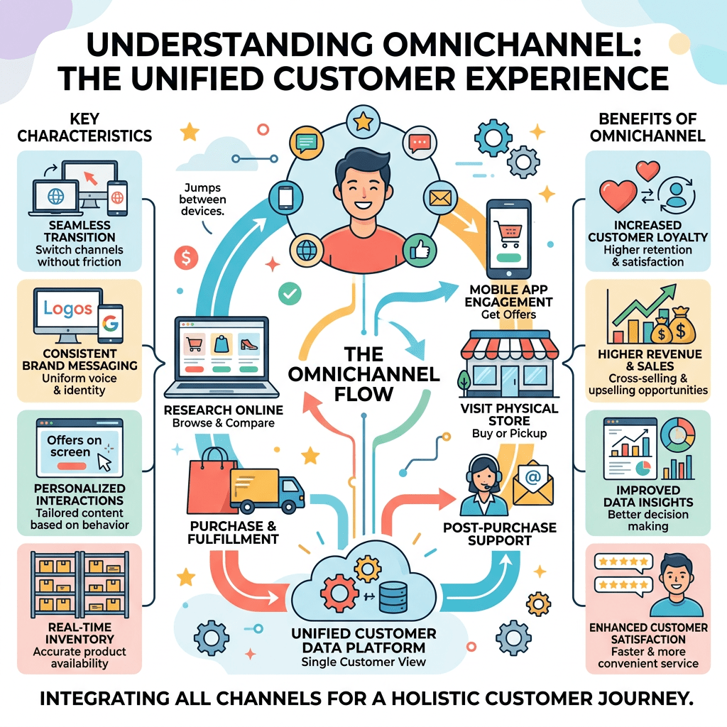 Diagram explaining omnichannel flow with seamless transitions, consistent brand messaging, personalized interactions, real-time inventory, and benefits like increased loyalty, higher sales, improved data insights, and enhanced satisfaction.