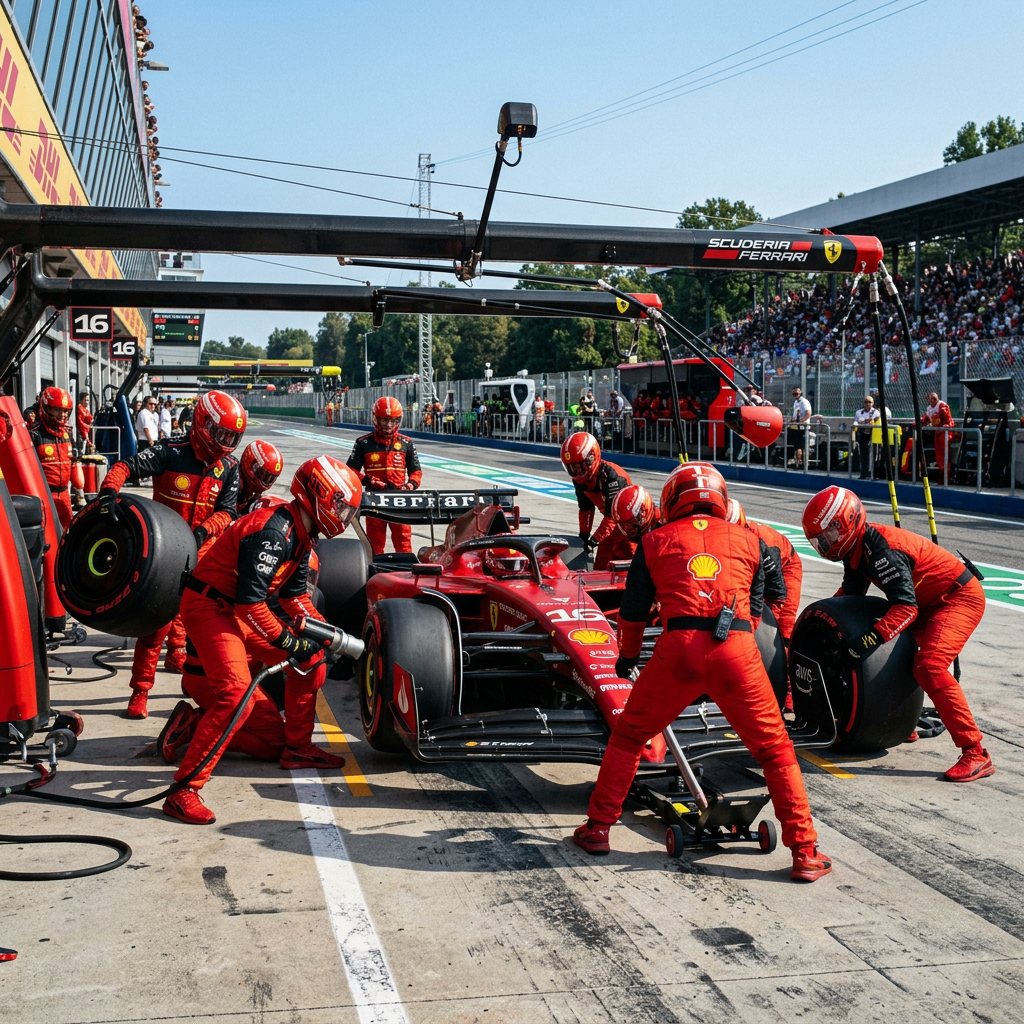 Ferrari Formula 1 car in pit stop with crew changing tires