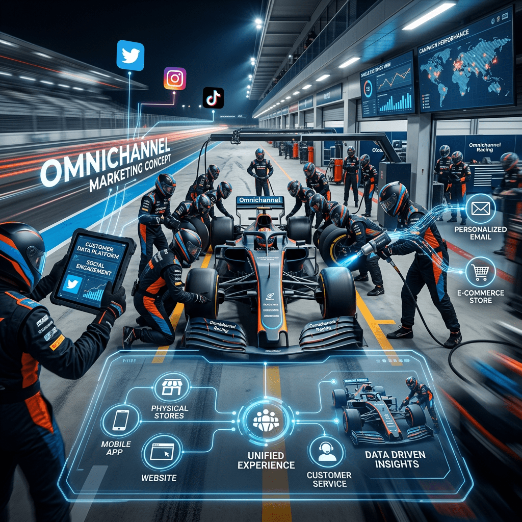 Race car surrounded by pit crew illustrating omnichannel marketing channels
