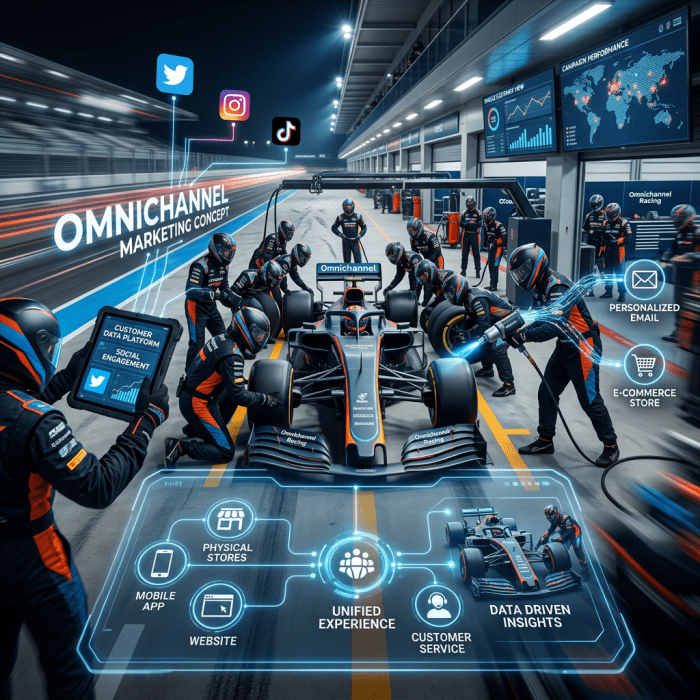 Race car surrounded by pit crew illustrating omnichannel marketing channels